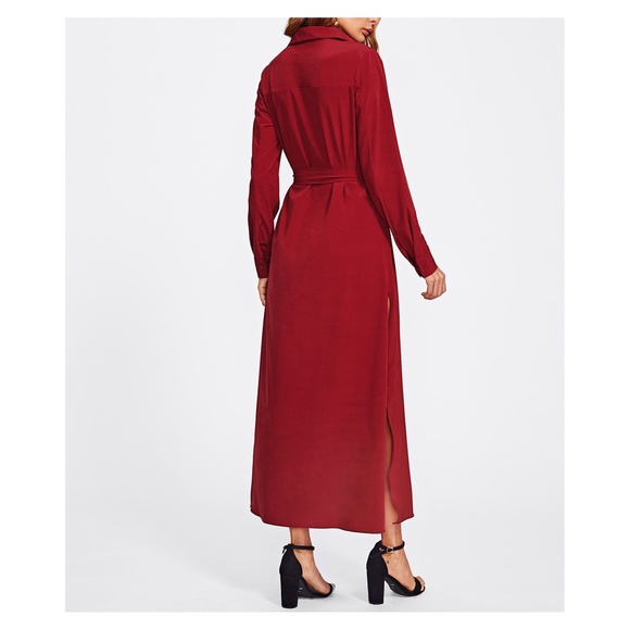 Burgundy Red Button Down Shirt Maxi Dress - Picture 2 of 5